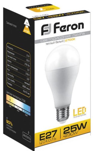 Лампа светодиодная Feron LB-100 A65 Груша E27 220В 25Вт 2150Лм 2700К 65х135мм картинка 